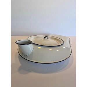 Vintage White Enamel Bedpan with Lid Cobalt Blue Trim Medical Collectible Spout